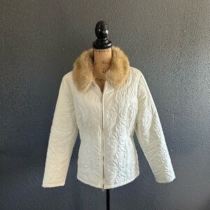 Coldwater Creek Quilted Ivory Jacket Faux Fur Collar Large
